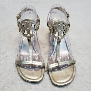 Tory Burch Gold Metallic T Strap Sandal Buckle Wedge Heels 10‎ Party Maximalist